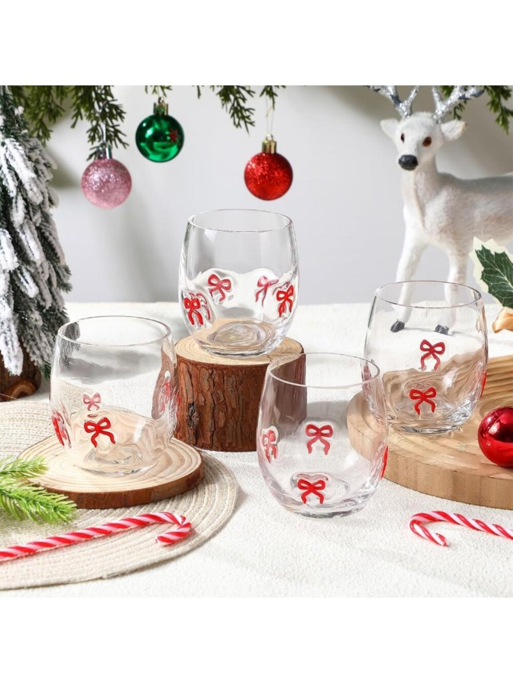4-Piece Christmas Bow Wine Glass Set - Festive Juice Cups for Holiday Cheer
